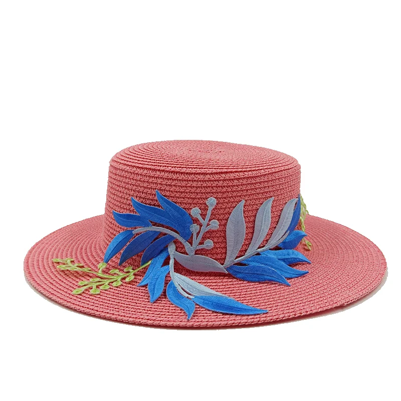 Summer straw hat embroidered leaf flat top men\'s and women\'s straw hat sun hat beach hat blue flat top straw hat кепка мужская