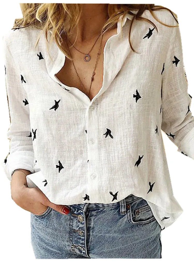 Spring/Summer Solid Color Elegant Casual Loose Print Long sleeved Linen Shirt Office Shirt Shirts & Blouses Camisas E Blusas