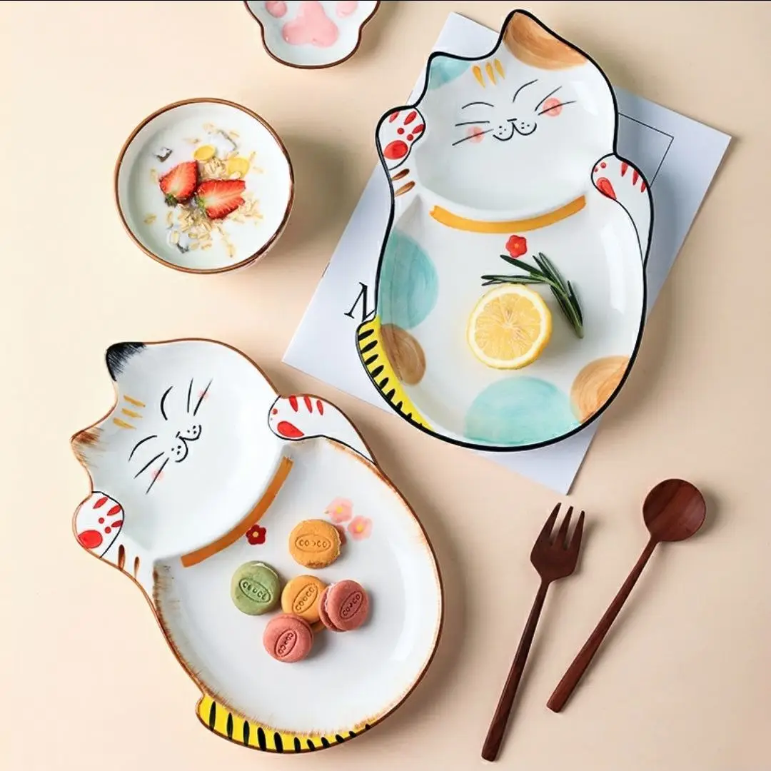 Japanese-style Lucky Cat Pattern Ceramic Plates, Creative Dinner Tableware, Cartoon Plate Sets, Kitchen Lovely Dishes Porcelain,