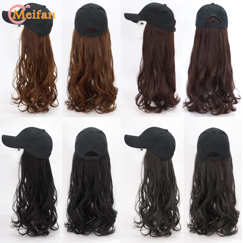 MEIFAN Synthetic Baseball Wig Long Wavy Curly Wig Black Trucker Hat Wigs Cap With Hair Naturally Connect Hair Cap Adjustable