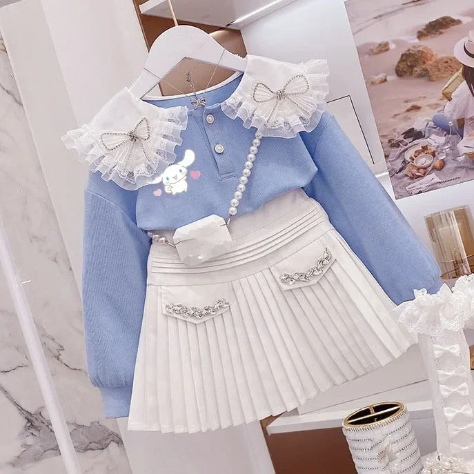 Girls Clothes Set Spring Autumn Cartoon Cinnamoroll Jk Pleated Skirt Suit Sanrios Student Uniform Suit Preppy Skirt Kids Gift