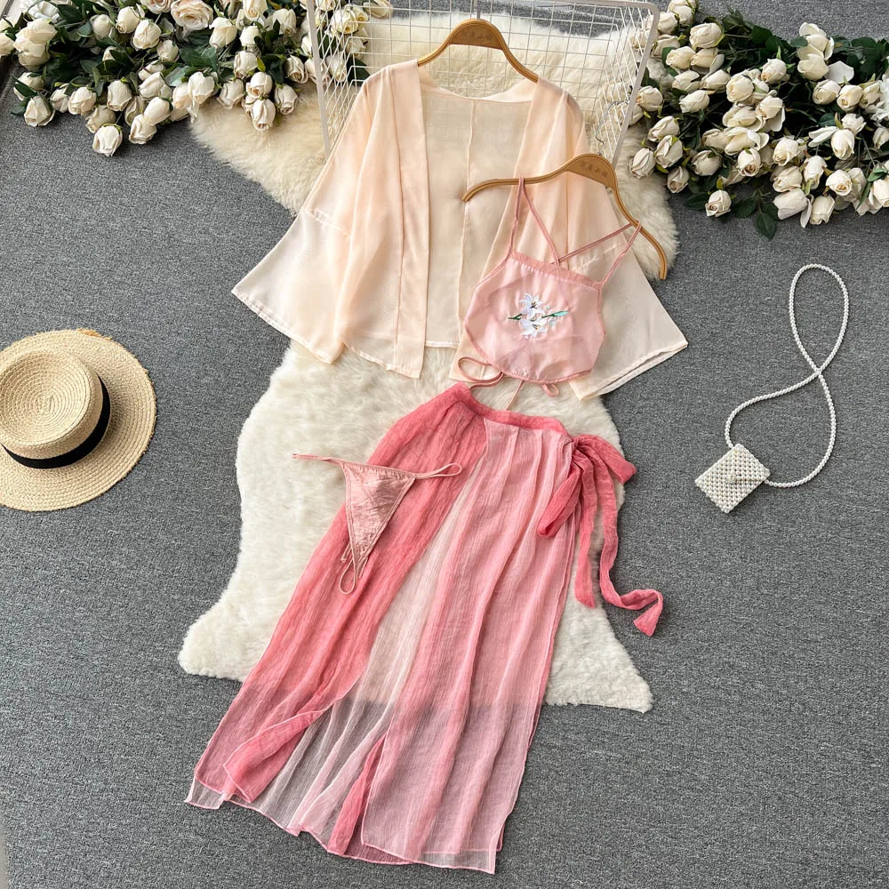 Chinese Sexy Transparent Vintage Embroidery Jacquard Halter Top Dressing Sleepwear Open Front Bindings Gauze Dress 4-Piece Set