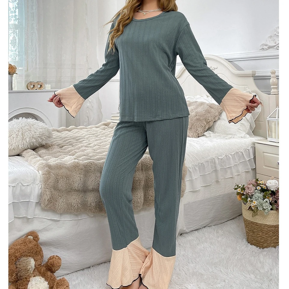 

Весенний свободный костюм-пижама из двух предметов, осенний новый женский пижамный комплект, элегантный разноцветный топ и брюки с рюшами, атласная одежда для сна, домашняя одежда