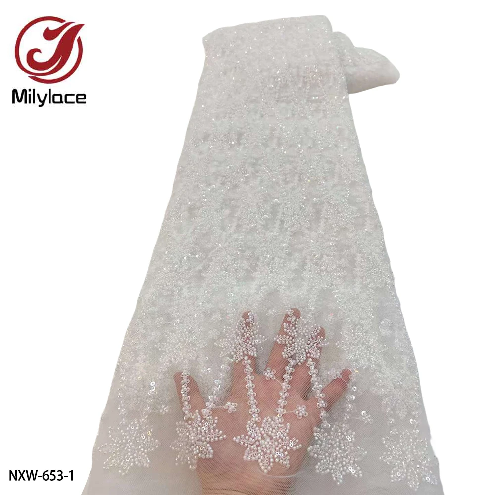 

African Heavy Beaded Lace Fabric French Bridal Sequins Lace Fabric 2023 Luxury Nigerian Tulle Lace Fabric Material NXW-653