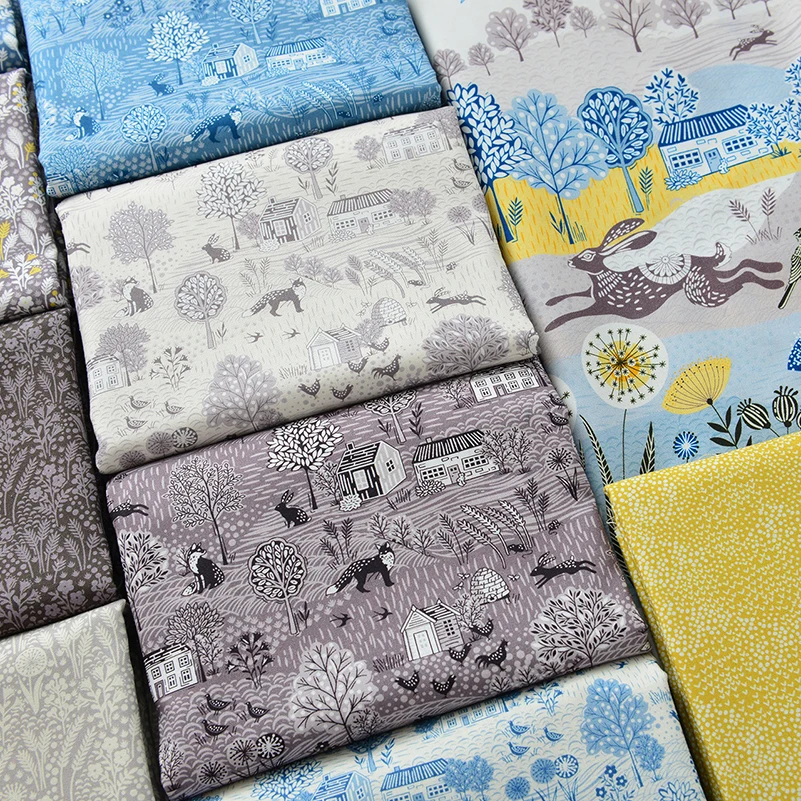 Pure Cotton Fabric Beige Blue Coffee Patchwork for DIY Handmade Village Dandelion Rabbit Rooster Flower by Half Meter