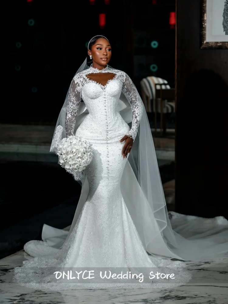 Luxury Lace Mermaid Wedding Dress 2026 With Veil Pearls Long Sleeve Beading Bridal Gown  Elegant Fitted Train Customized