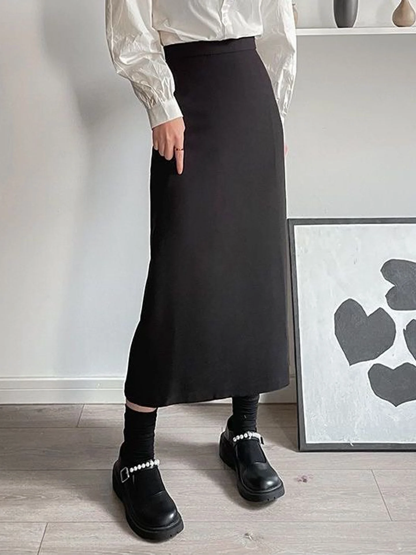 High Waist Black Suit Skirt Korean Style A-Line Long Skirt Professional One-Step Split Design for Women Autumn Season
