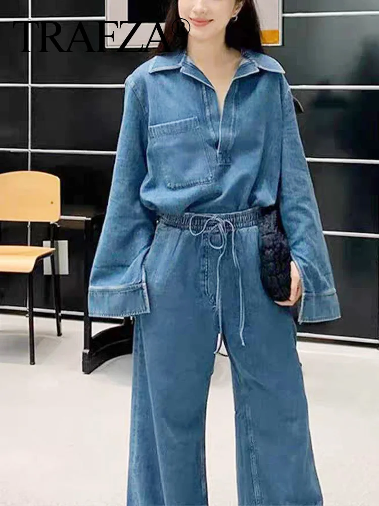 TRAFZA 2024 Autumn Women Denim Pants Suits Blue Open Collar Pullover Shirt Top + Female Sagging Baggy Pant Fashion Streetwear