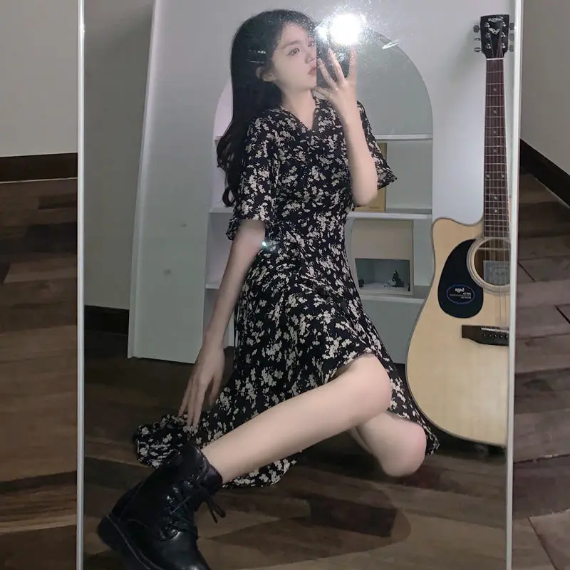 Short Sleeve Dress Women Floral BF Midi Elegant Boho Party Summer V-neck Korean Style Vestidos Feminino Empire Sweet Mature Ins