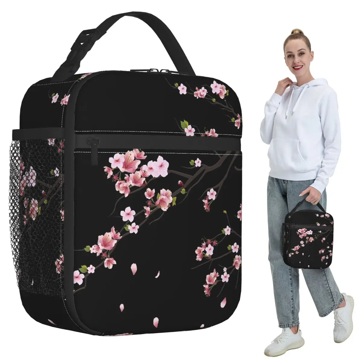 Japanese Sakura Cherry Blossoms Insulated Lunch Bag for Kids School Cooler Thermal Food Box Tote Leakproof Lunch Boxes Container