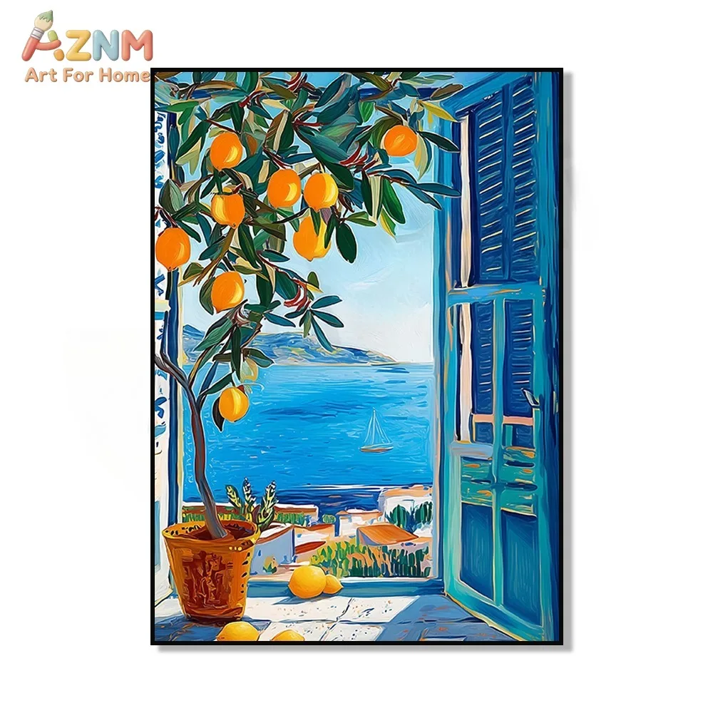AZNM Mediterranean Blue Window Lemon Tree Canvas Wall Art Seaside Coast Summer Scenery Oil Painting Print Unframed Canvas Kitche view 3