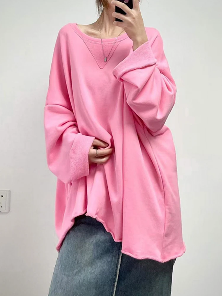 EAM Gray Brief Shaped Long Sweatshirt New Round Neck Long Sleeve Women Big Size Fashion Tide Autumn 2026 30A2866