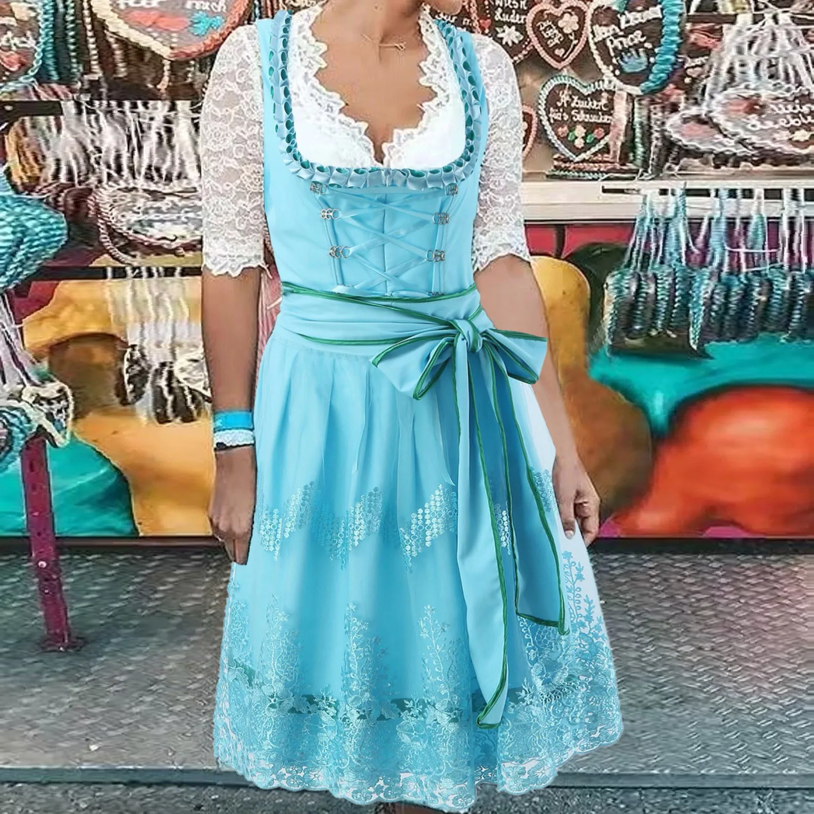 

Cosplay Performance Costume Germany Oktoberfest Dirndl Vintage Women's Dress Short Sleeve Beer Dress Lace Vest Apron 3 Piece Set