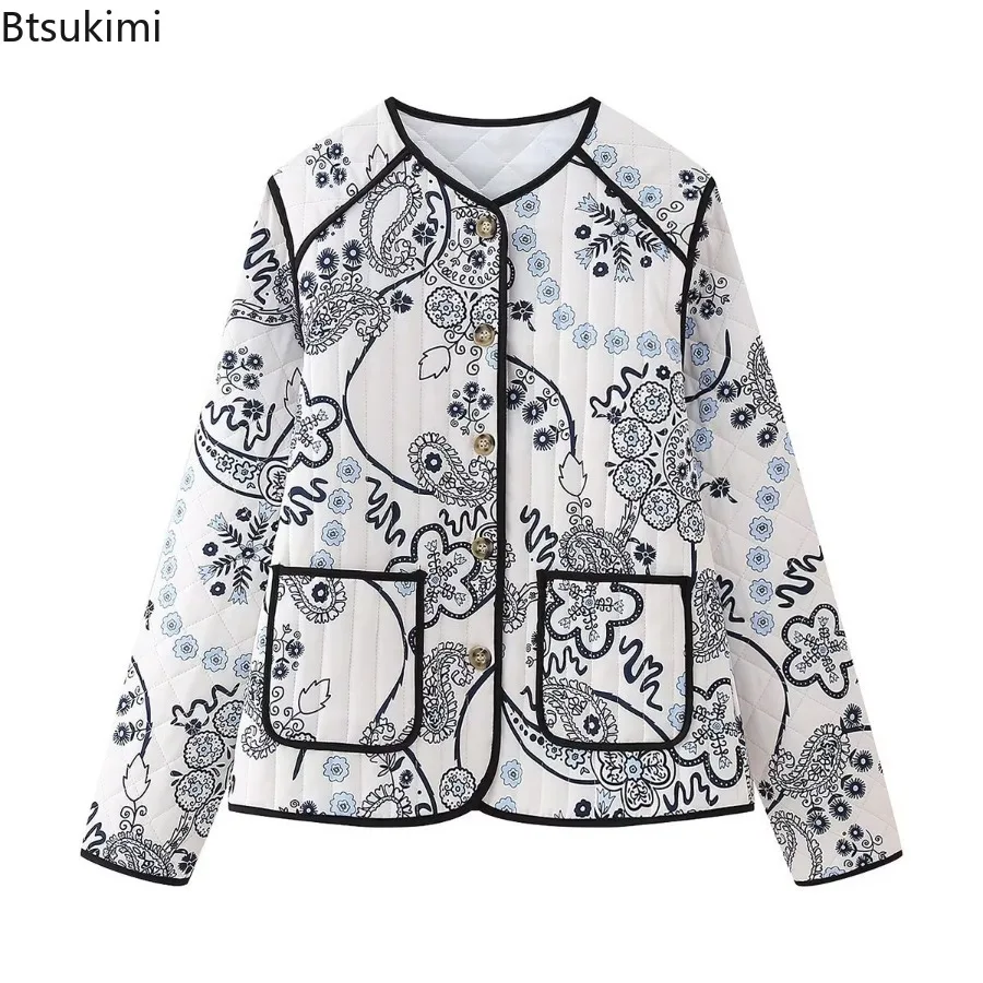 

New Women's Autumn Winter Floral Print Round Neck Color Matching Pocket Quilted Padded Jacket Coat Female Warm Outwear Chic Tops