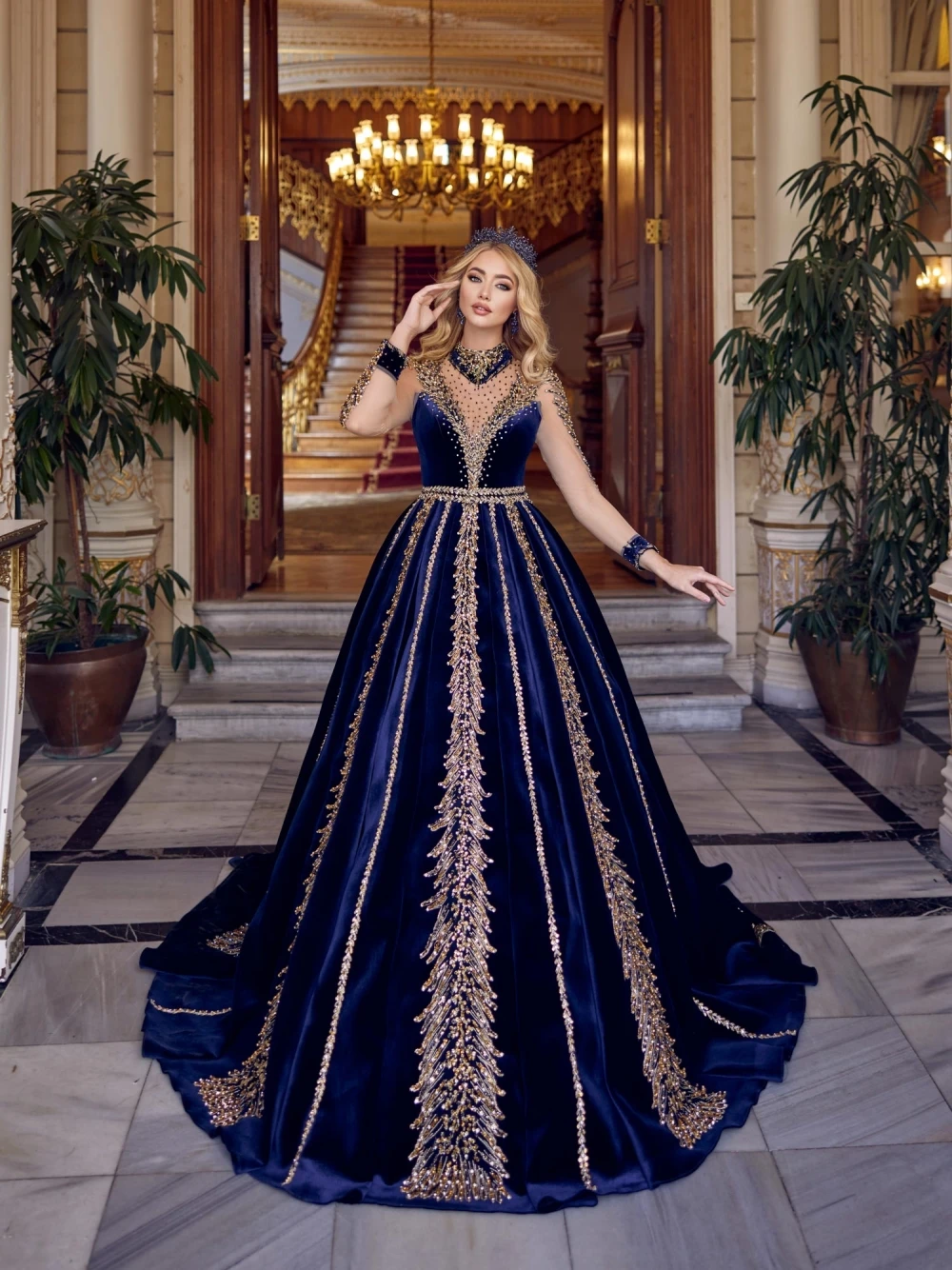 Fancy Royal Blue Sequin Evening Dresses Kaftan Beaded Crystals Prom Gown Caftan Floor-length Customized Vestidos De Novia