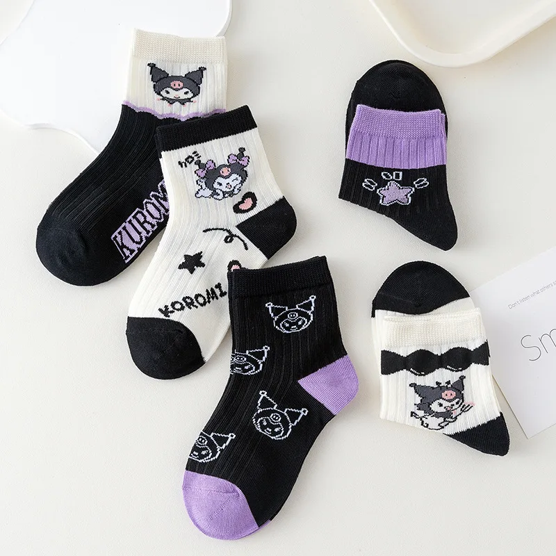 5 Pairs Sanrio Kuromi Socks Spring and Summer Thin Breathable Kuromi Childrens Girl Sock Purple Movement Mid-calf Cotton Sock