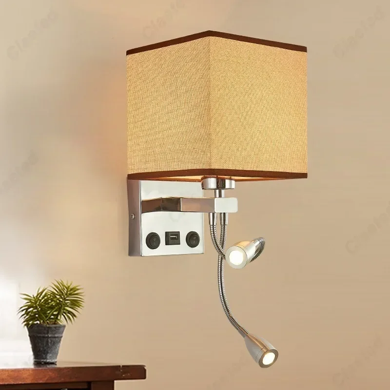 

LED Fabric Lampshade E27 with Switch Wall Light USB Charging Port Adjustable Angle Hose Spotlight Bedroom Bedside Reading Light