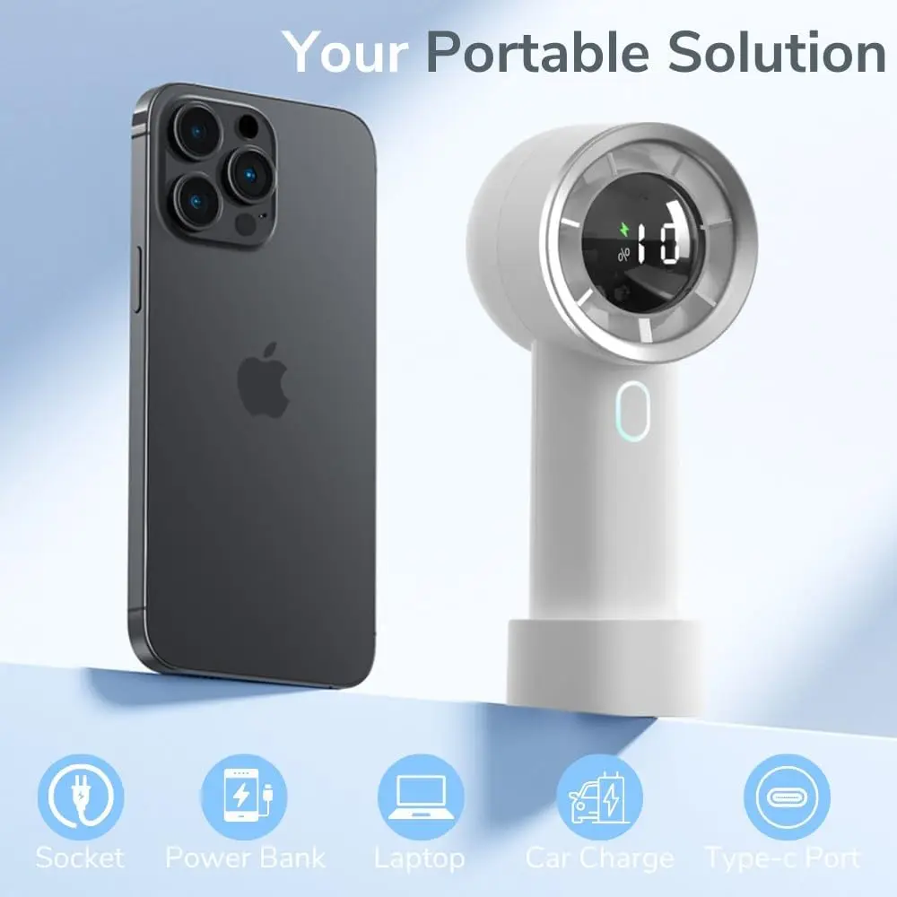 مروحة تربو صغيرة محمولة، سرعة عالية (1-100) مروحة تبريد قابلة للتعديل، بطارية 6500 مللي أمبير قابلة لإعادة الشحن، شاشة رقمية، بيرسو محمول باليد