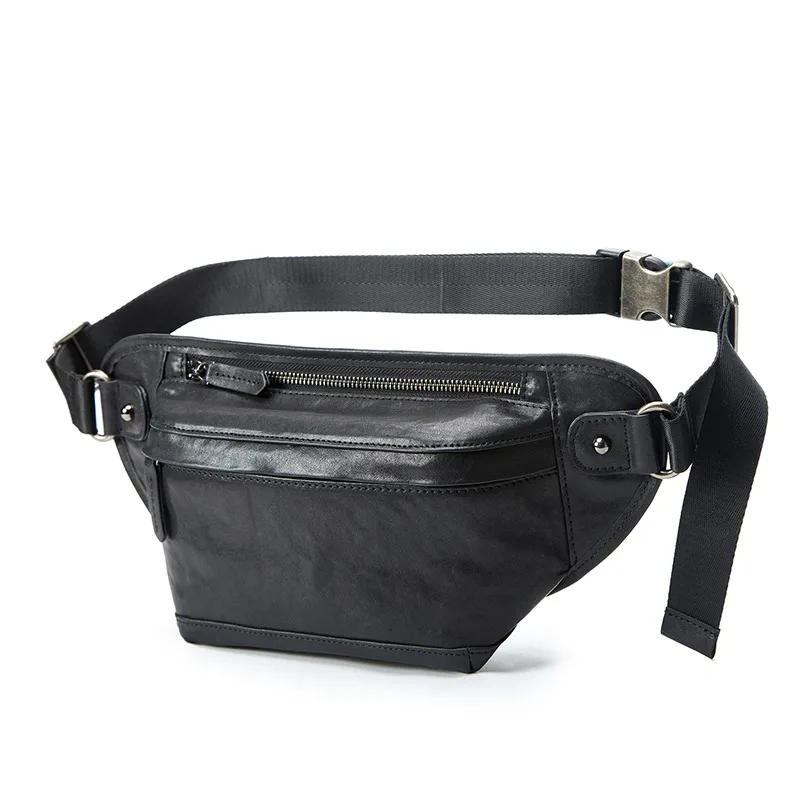 Wmnuo-Bolso de pecho de piel de vaca auténtica para hombre, bandolera informal de color negro, 2 estilos