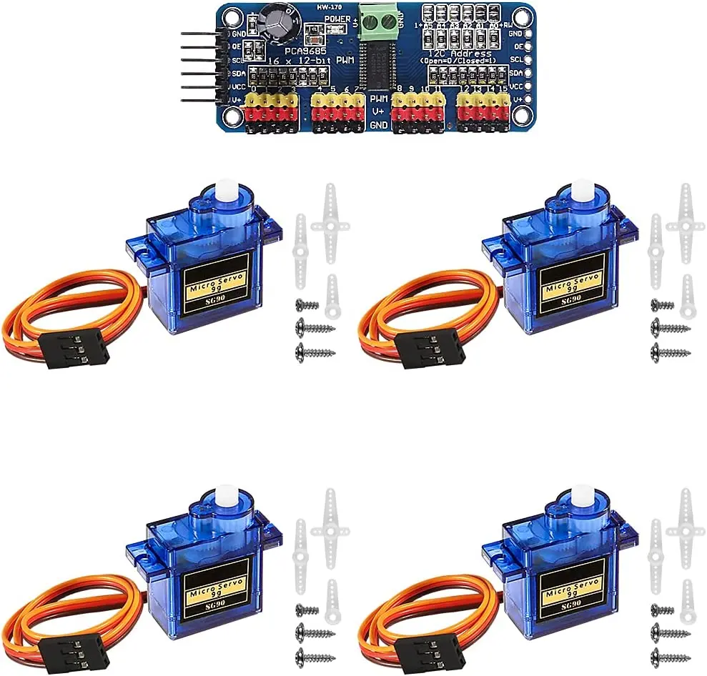 4PCS SG90 9G Micro Servo Motor with PCA9685 16 Channel 12 Bit PWM Servo Motor Driver IIC Module for Arduino Robot Arm Car Boat