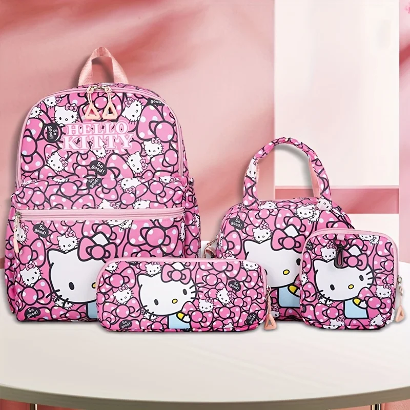 Hello Kitty 4pcs Backpack Set - Adjustable Straps, Zip Closure, Anime Print Design with Crossbody Bag, Pencil Case & Coin Purse