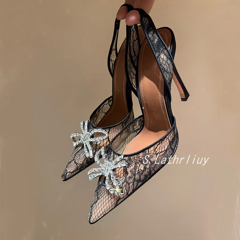 Sandals Rhinestone Flower Pointed Toe High Heels Women Lace Thin Heels Back Strap Sandalias Summer Fashion Party Dress Pumps view 6
