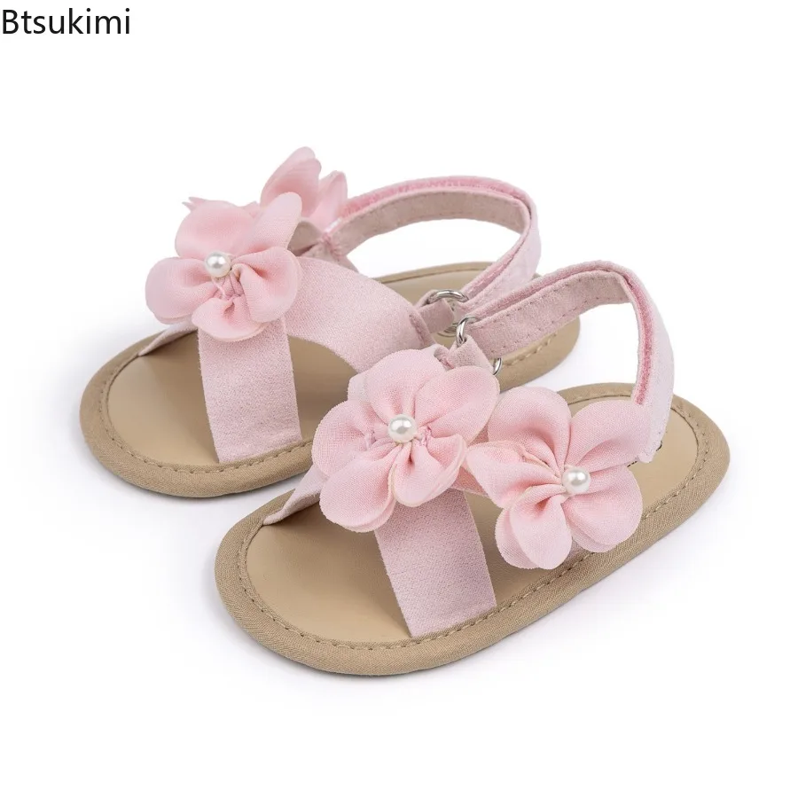 2026 New Baby Girls Summer Sandals Cute Large Flower Flat Princess Shoes Non-Slip Sole Infant First Walker Shoes 0-18 Months