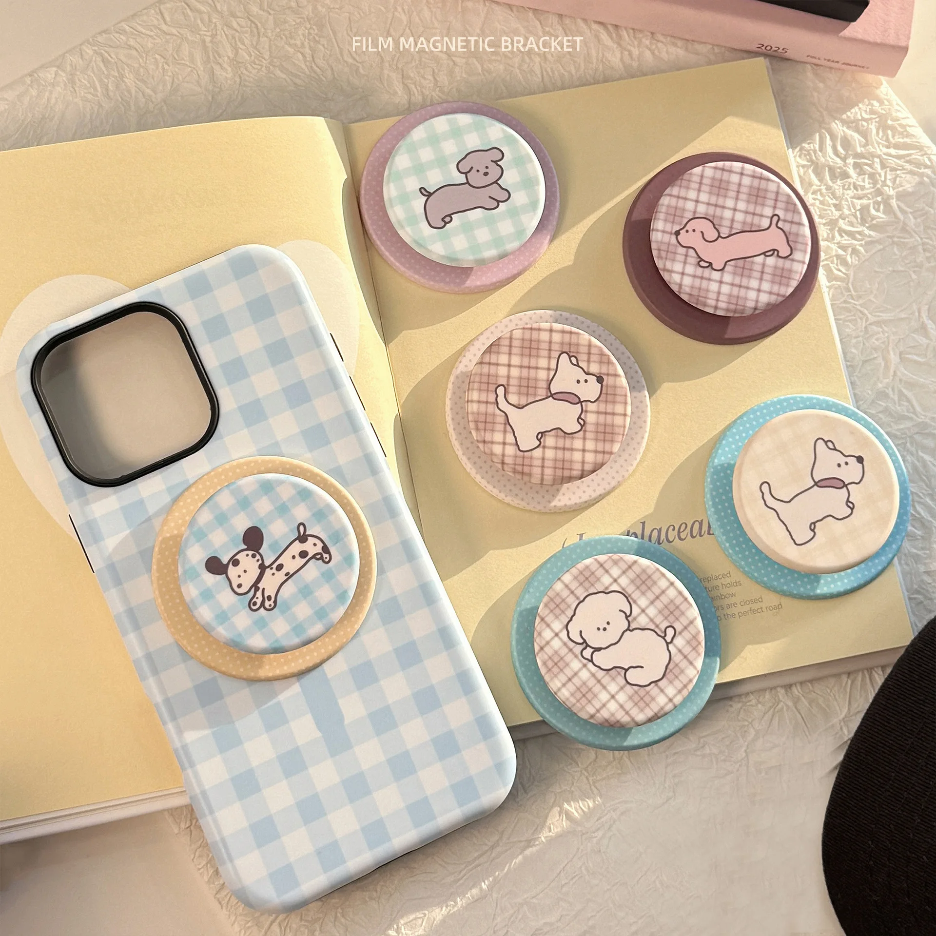 Soporte con patrón de rejilla de cachorro de dibujos animados coreanos, agarre magnético Magsafe Tok para iPhone Samsung, soporte plegable para dedo