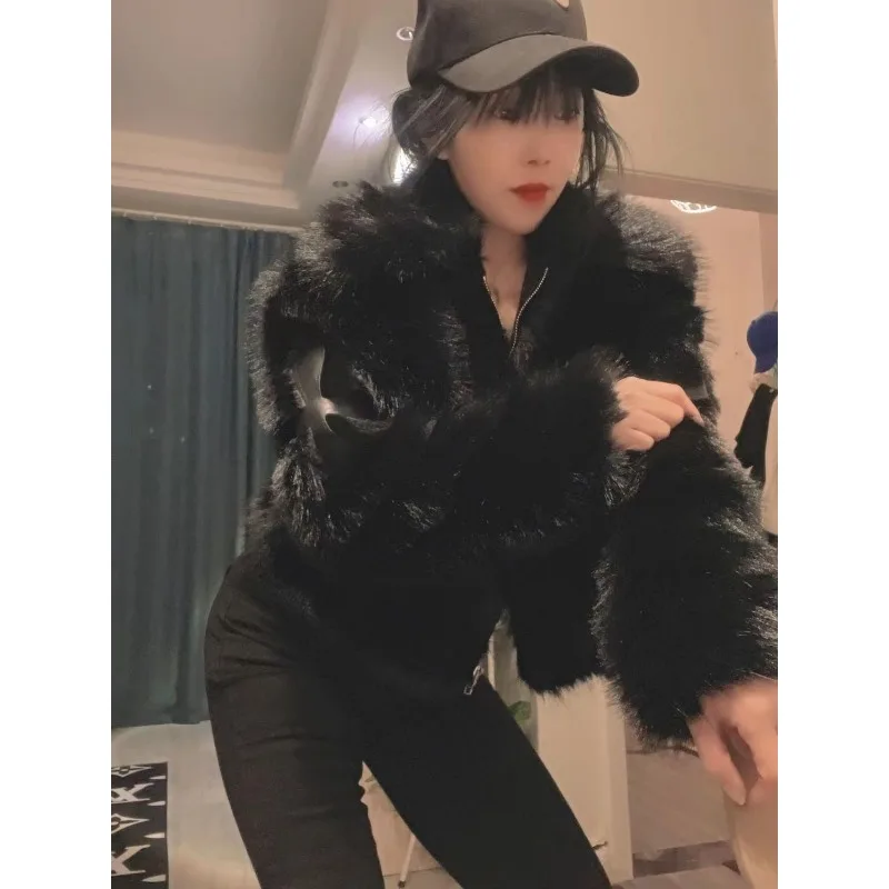 Y2k Cropped Jacket Vintage Fur Collar Short Sweatshirt Zip Hoodies Autumn Winter New Design Cardigan Coat Grunge Kawaii Clothes
