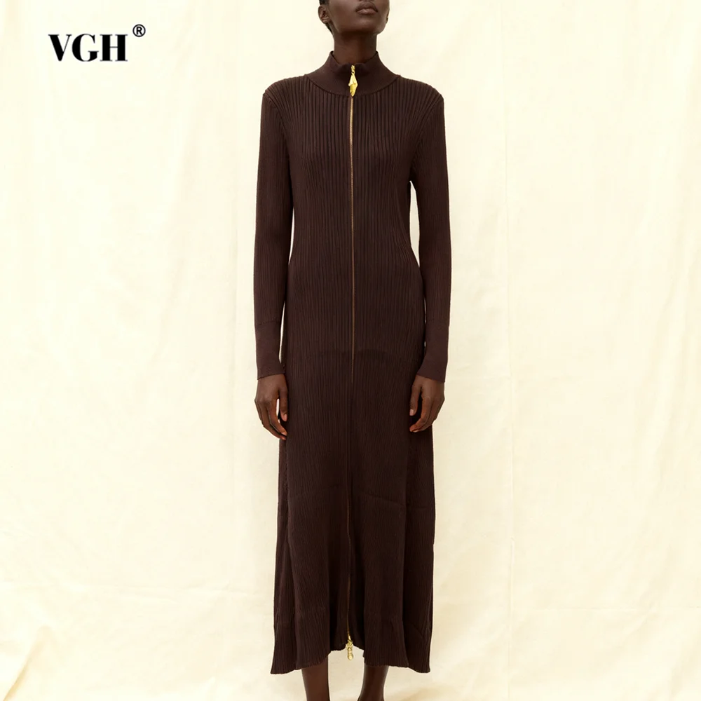 

VGH Solid Temperament Knitted Dresses For Women Round Neck Long Sleeve Spliced Zipper High Waist Casual Dress Female Fashion New
