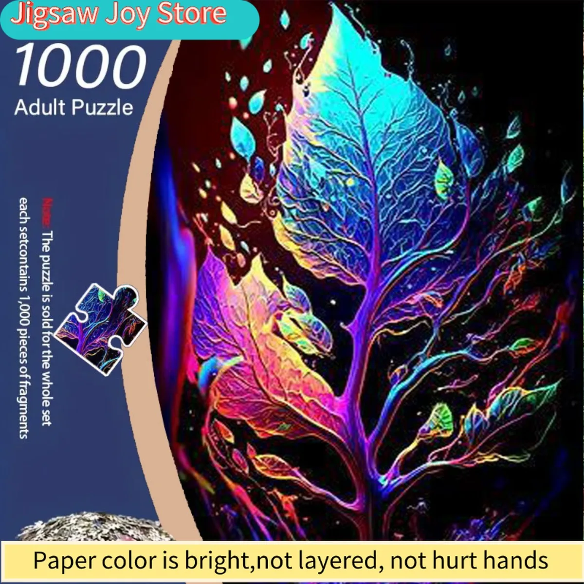 

1000pcs Adult Jigsaw Puzzle - 3D Illusion Neon Glow-in-the-Dark-like Multicolor Leaf & Water Droplet Night Sky Art, Large Chal