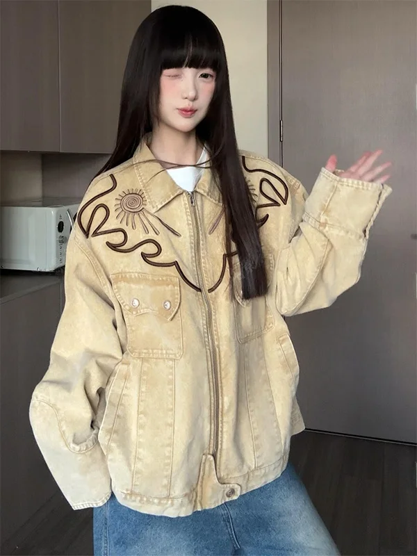 

Retro American Denim Jacket Women's Autumn Winter New Zipper Embroidery Loose Slimming Personality Couple Top Trendy