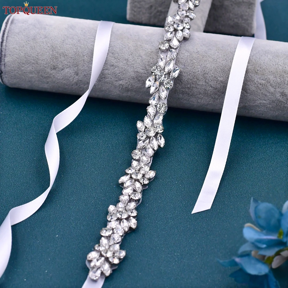 

TOPQUEEN Bridal Sash with Rhinestone Applique Sash for Wedding Dress Jeweled Bridal Thin Belts Party Shiny Bridesmaid Belt S437