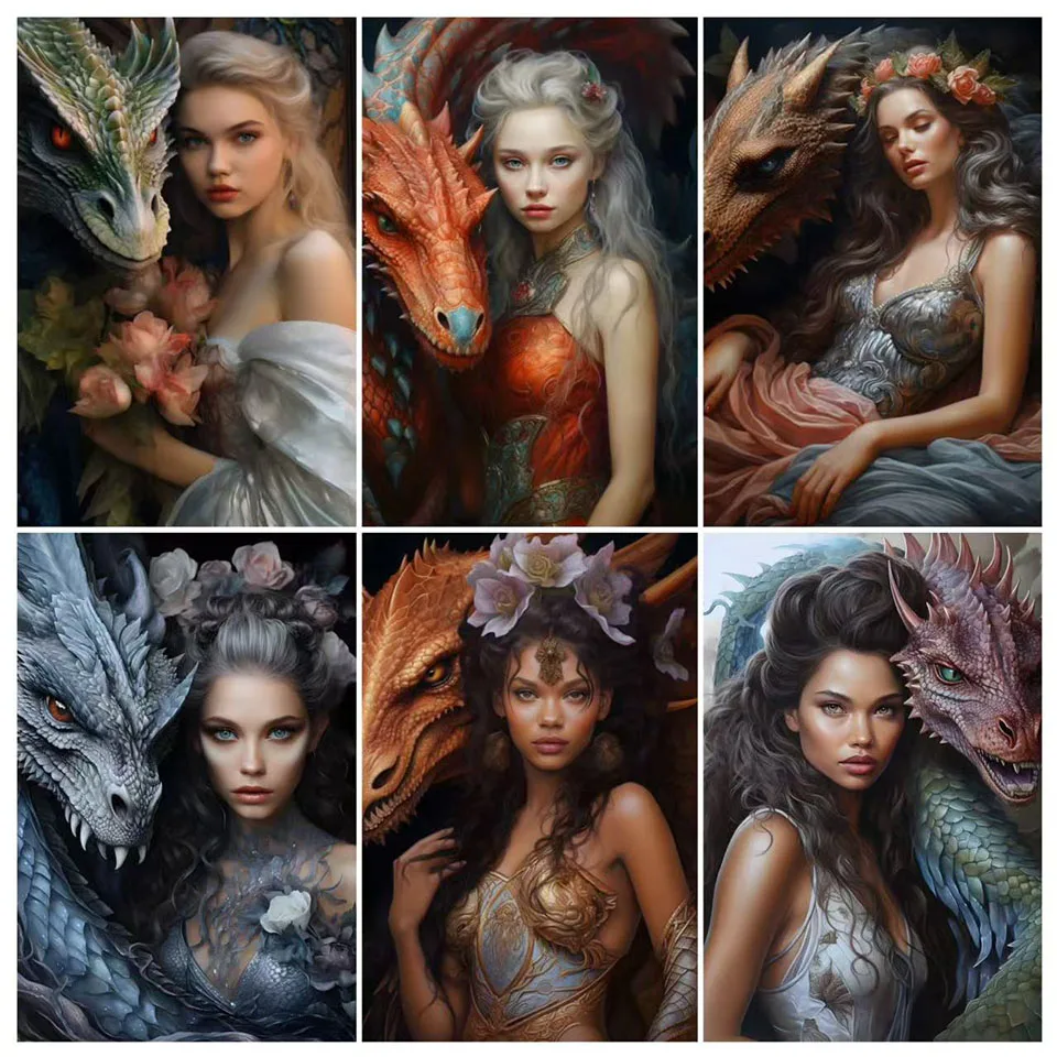 

Diy Алмазная мозаика женщина и дракон алмазная живопись дракон принцесса полная круглая дрель пейзаж домашний декор фотографии со стразами