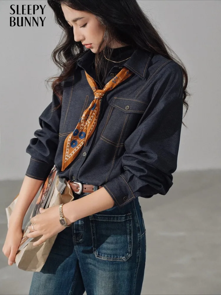 

Универсальная рубашка с контрастной строчкой, женская свободная блузка с лацканами, повседневная осенняя рубашка с карманами, многослойная шикарная уличная одежда