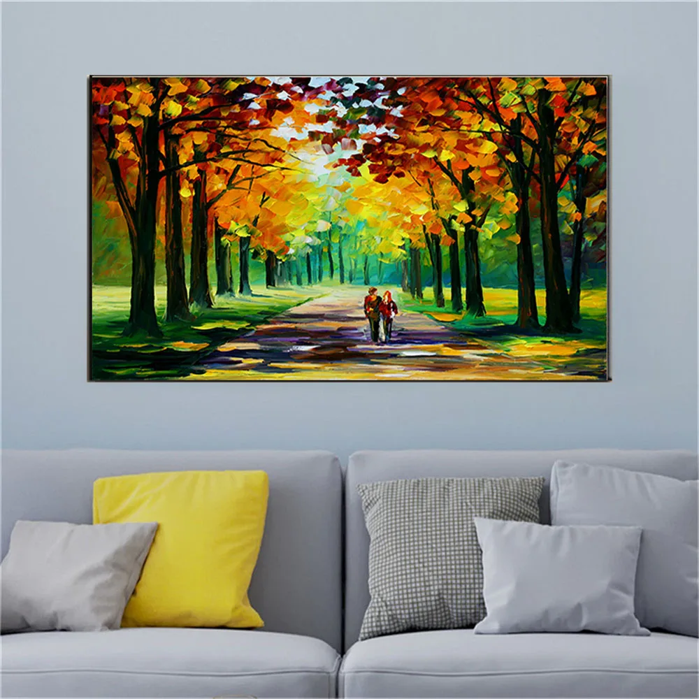 100% handmade color mixing knife, large landscape wall art, city street tree, oil painting, canvas, abstract painting, decoratio