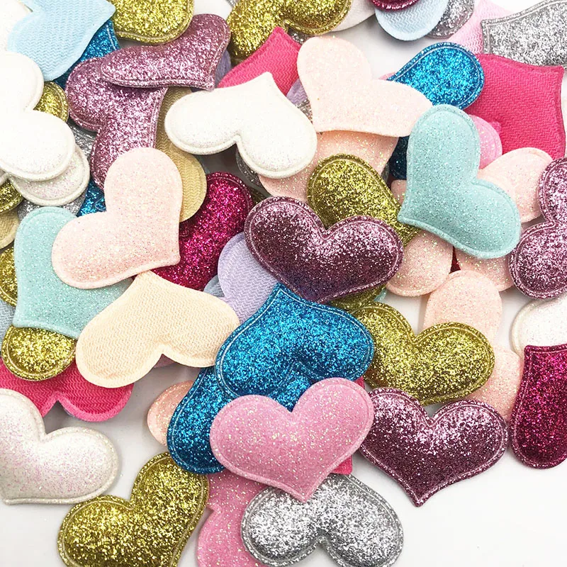 35mmx30mm 10PCS/lot Glitter Padded Heart Felt Patches Appliques For Clothes Sewing Supplies DIY Hair Bow Wedding Decoration A346