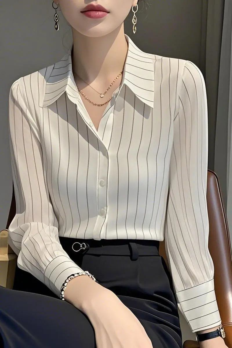 Vertical Stripes Loose Fit Women's Shirt Design Sensation Fashionable Long Sleeve Chiffon Drapey Korean Style Commute Wind