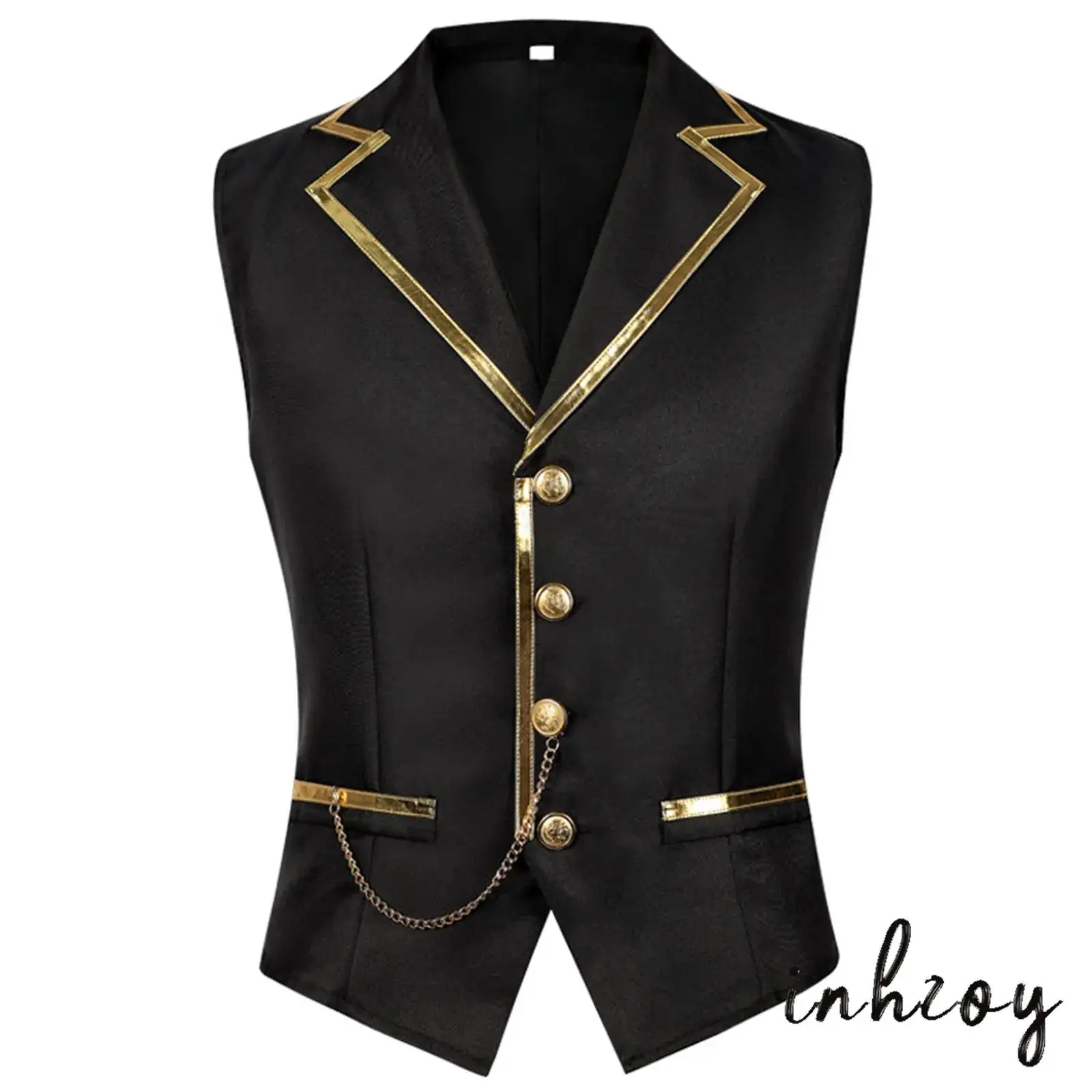

Mens Steampunk Waistcoat Metallic Shiny Trim Chain Decor Gentleman Prince Vest Tank Top for Halloween Carnival Gothic Party