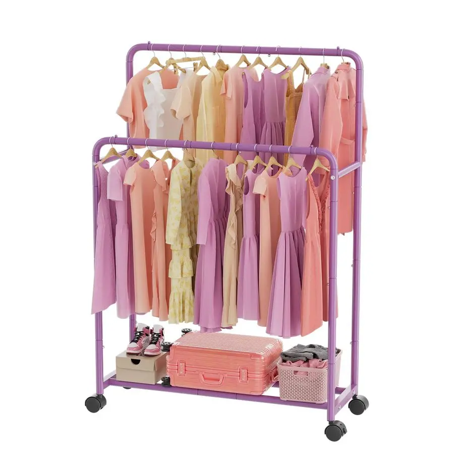 

Clothing Clothes Rack Double Rods with Wheels, Rolling Metal Garment Rack for Hanging, Purple