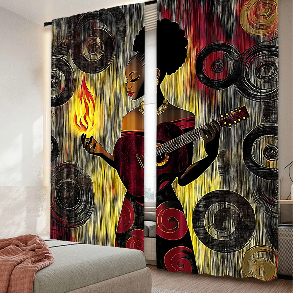 2Pcs African Curtain Traditional Woman Surrounded By The Swirling Motifs Of Savannah Female For Bedroom Living Room And Dining