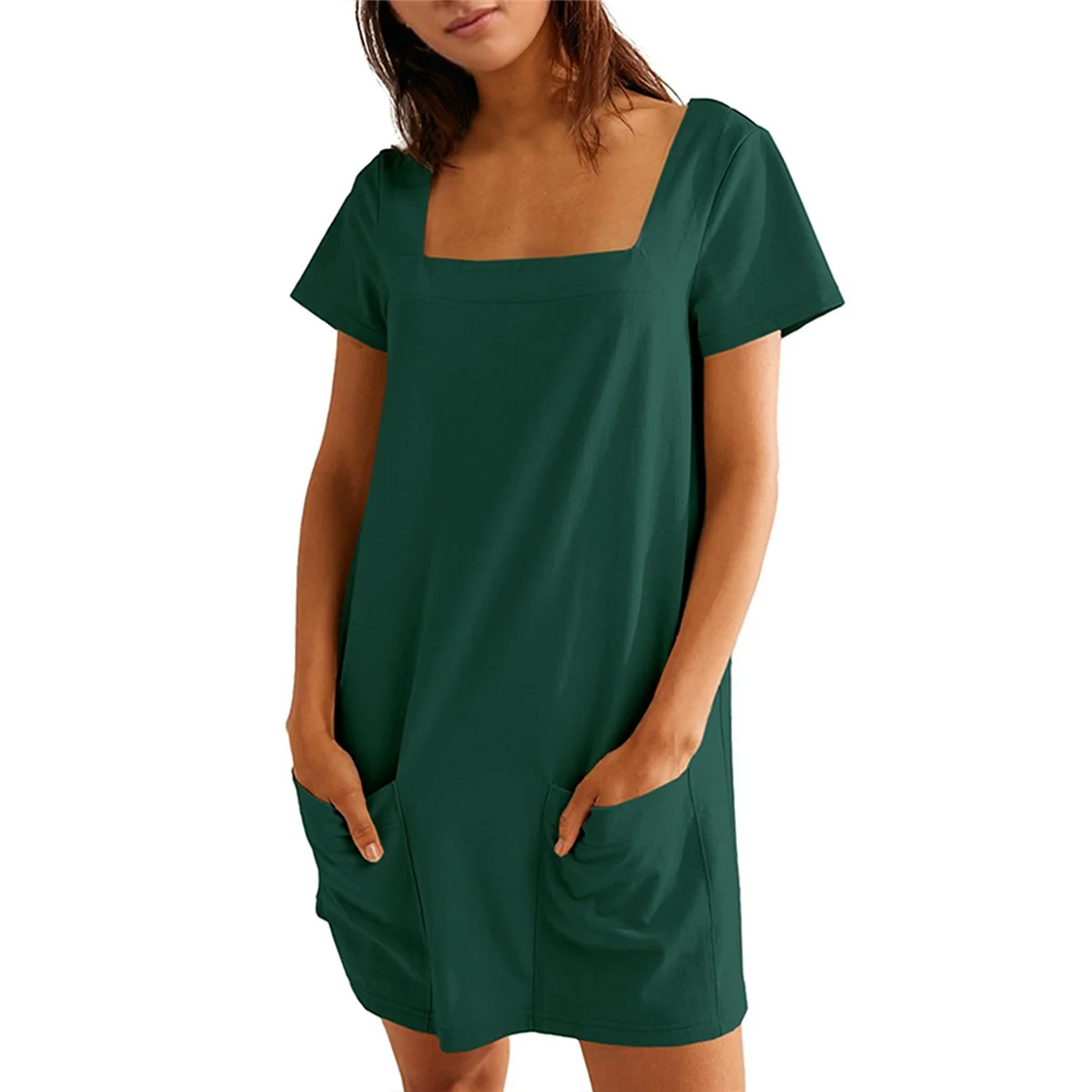 

Womens Solid Color Casual Summer Square Neck Short Sleeve Mini Dresses with Pockets Green M