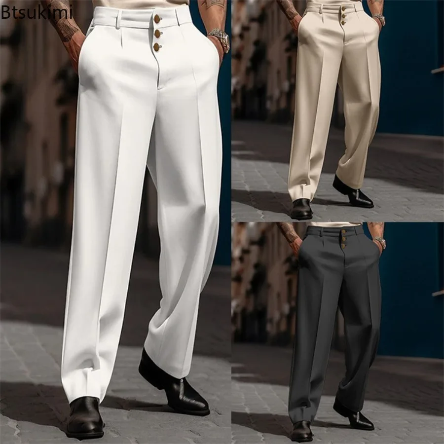 2024 Men's Formal Suit Pants Fashion Solid Pocket Elegant Party Wedding Trousers Three Buttons Design Casual Straight Pants Male