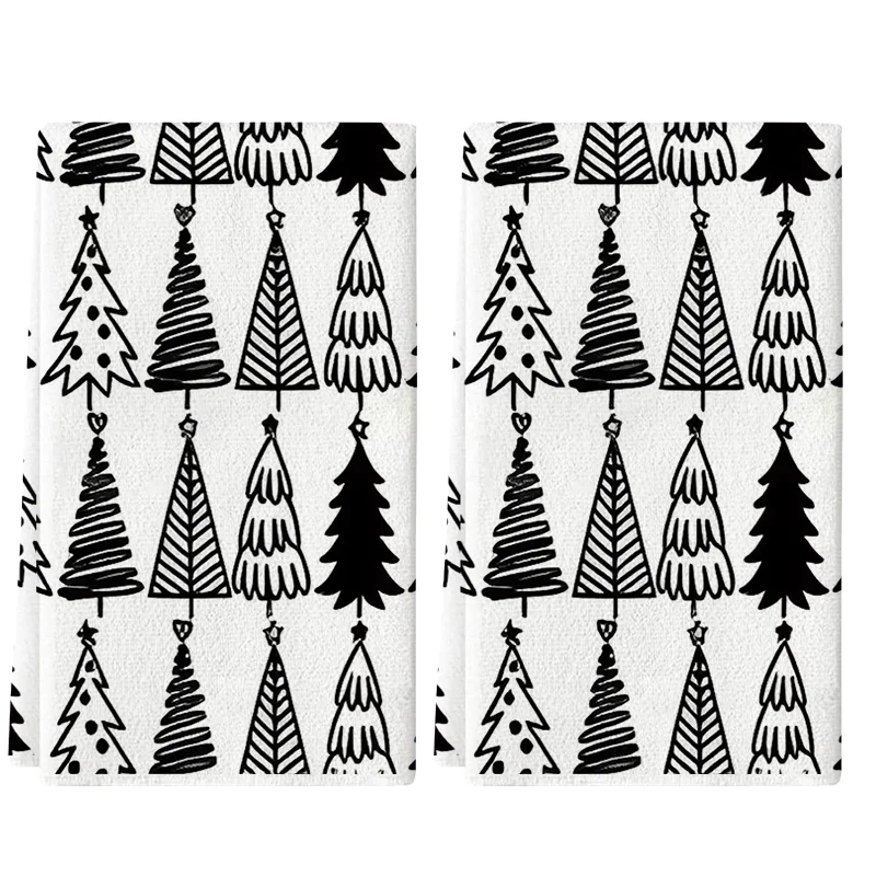 2Pcs, Black and White Christmas Tree Kitchen Towels, 40Cm*60Cm Towel Set, Super Absorbent Soft Cleaning Cloth, Cooking and Baking Tea Towel, Hand Towel, Cleaning Cloth, Dishcloth, Kitchen Decoration, Living Room Decoration, Kitchen Essentials, Home Essentials