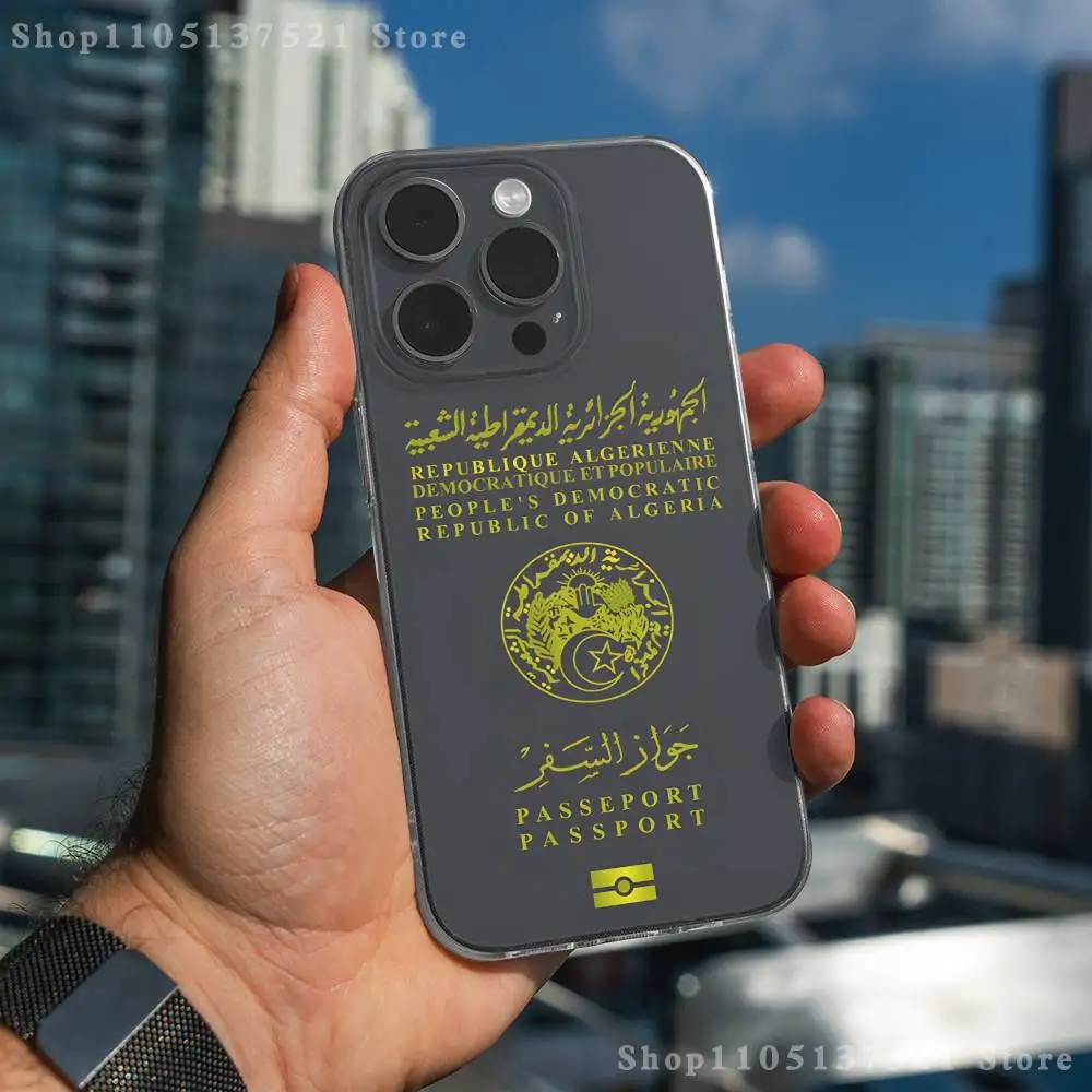 アルジェリアパスポート柄 iPhoneケース iPhone 17,16,15,14,13,12,11 Pro,Max,Plus,X,XS,XR,SE4,E Mini対応 透明ソフトカバー