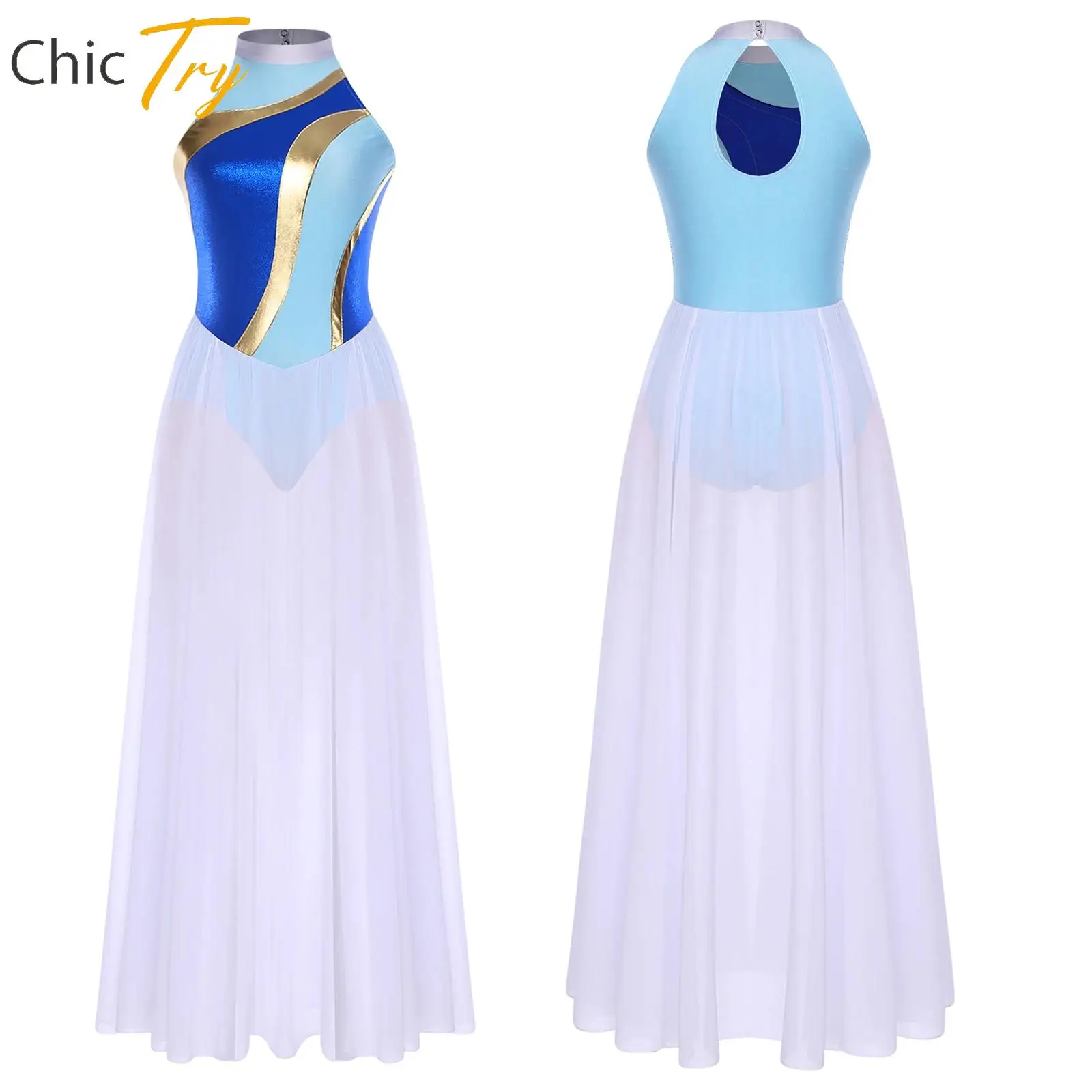 

Womens Lyrical Dress Contemporary Dresses Halter Mock Neck Sleeveless Overlay Chiffon Long Skirt Outfit Performance Dancewear