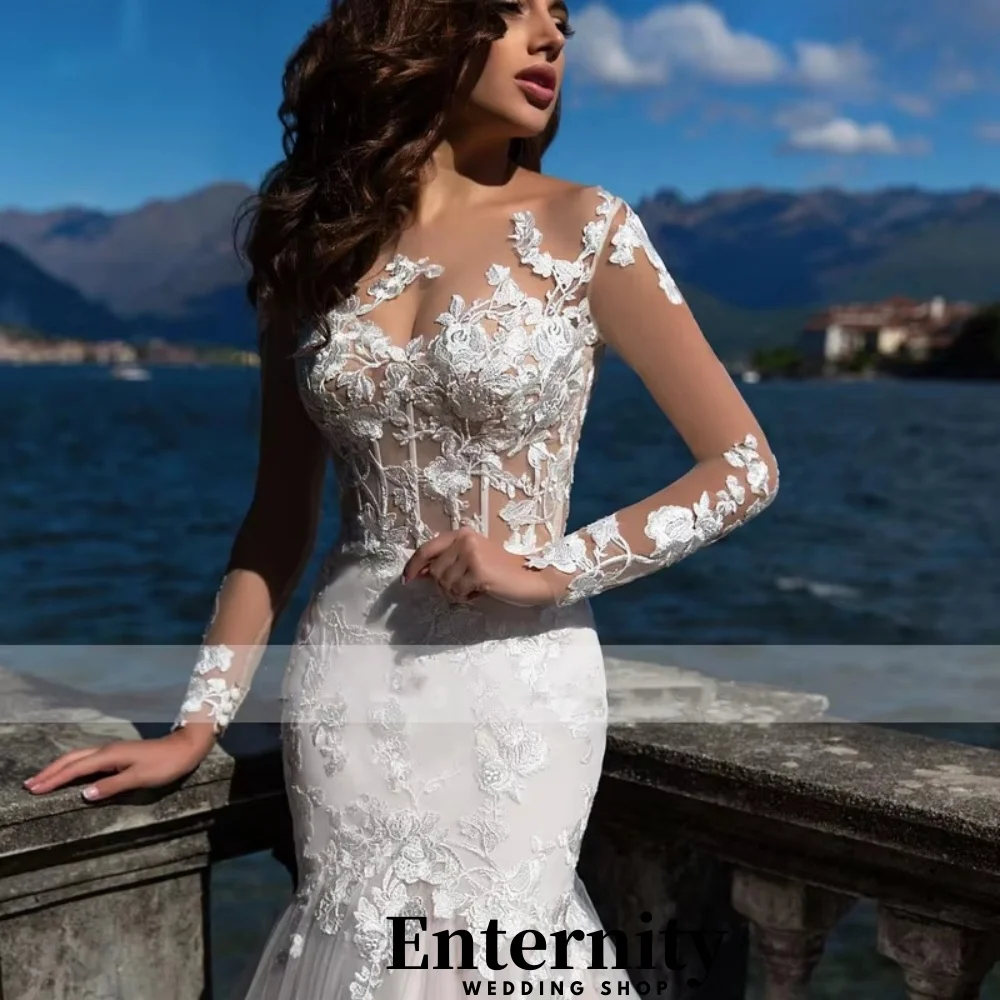 Customized Elegant Lace Applique Wedding Dress Exquisite Long Sleeve Tulle Bridal Gown Mermaid Wedding Gown Vestidos De Novia