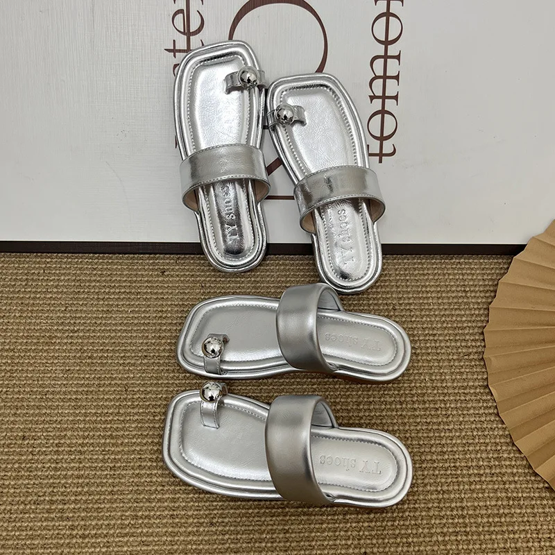 Kids'Casual Shoes PU Leather Summer Flip-Flops Fashion Slipper For Girls Breathable Soft Bottom Anti-slip Silver Size 25-36