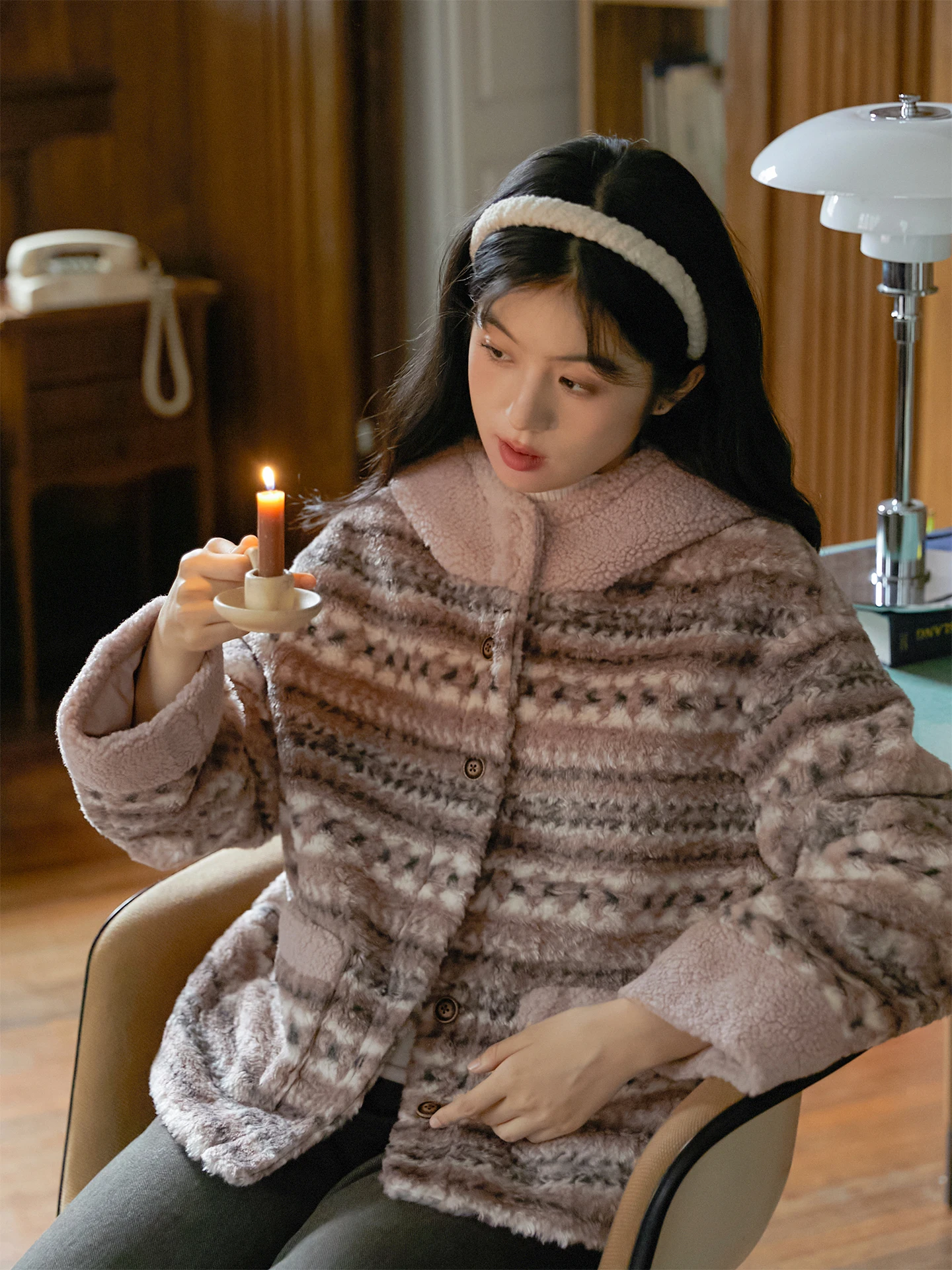 

Nesoulum Pink Fair Isle Lamb Fur ort Coat Women's Winter Vintage Loose Fur Upper Apparel Retro Sle Button Closure Long Sl...