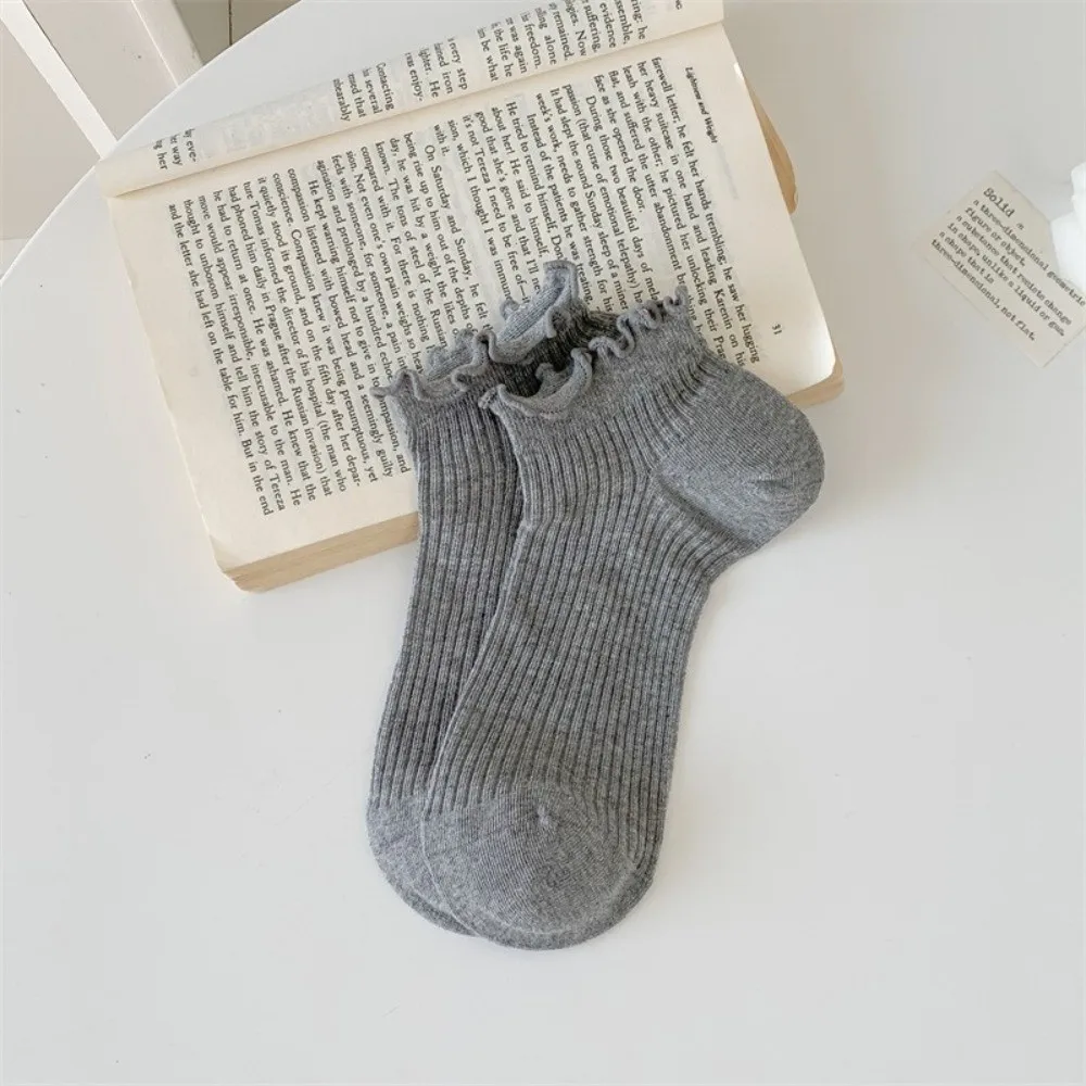 Sweet Thin Ruffle Socks Cotton Breathable Short Socks Solid Colors Frilly Socks for Summer